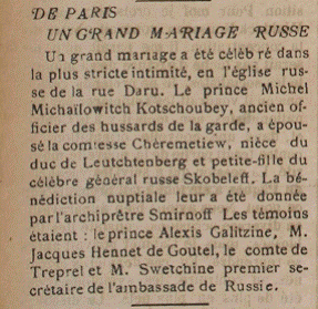 Journal of Cannes 26.07.1901. Marriage of Prince Michel Kotschoubey with countess Olga Cheremeteff
