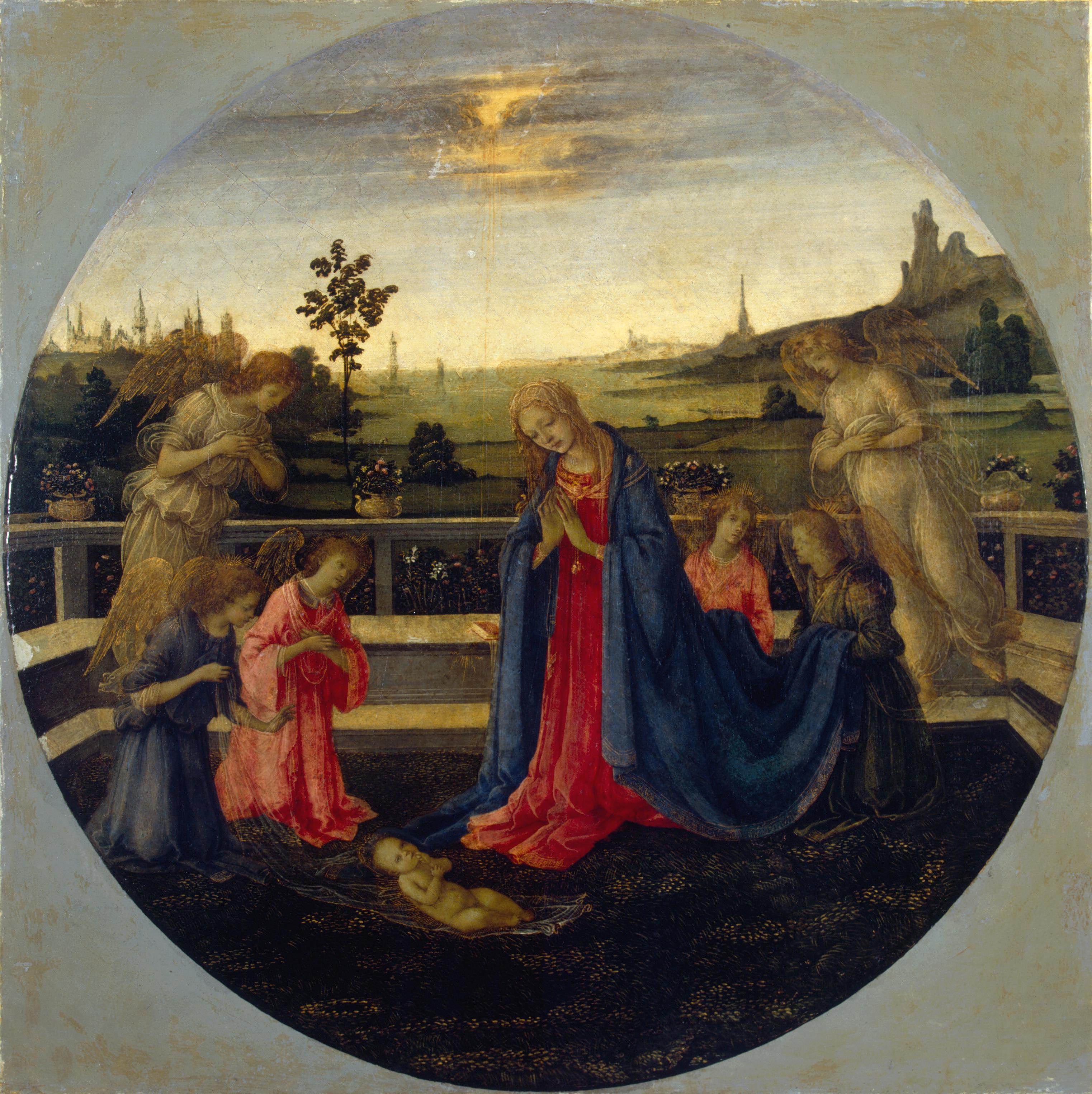 Lippi, Filippino Adoration of the Christ Child Italy, Middle of the 1480s Filippino Lippi was the son of the artist-monk, Fra Filippo Lippi, and himself a pupil of Botticelli. This type of Adoration scene was characteristic of Italian art, being a modification of the scene of the Nativity. Set in a flower-filled meadow surrounded by a balustrade and symbolising Paradise, the scene unfolds before a poetic landscape which seems to be filled with a golden light filtering through the atmosphere. Filippino was one of the first Italian artists to create a landscape in keeping with the mood and appearance of the heroes, creating an inspired emotional setting for them. In the fragile and ethereal Madonna and in the translucent figures of the angels we can feel the mystic exaltation characteristic of Florentine spiritual life in the late 15th century. From 1859 the picture was in Count P.S. Stroganov?s collection, who had identified it and bequeathed it to the Hermitage. 